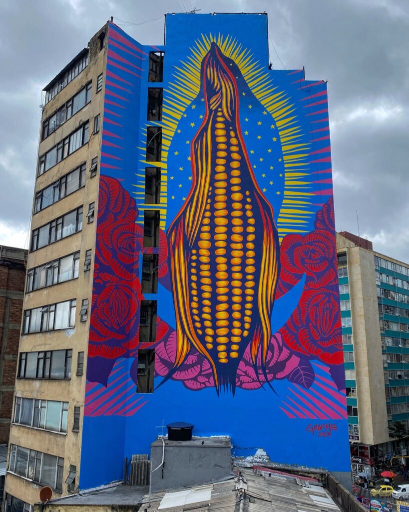 Mujer de Maíz en la Plaza de San Victorino en el centro de Bogotá de Guache (2024) Foto: Facebook de Guache